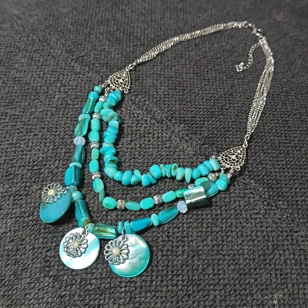 NEW Blue Turquoise Multi Strand Tiered Statement Necklace, Boho, Southwestern - Picture 12 of 12